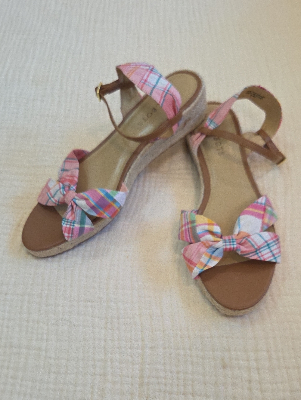 Talbots Pink Plaid Bow Wedge Sandals